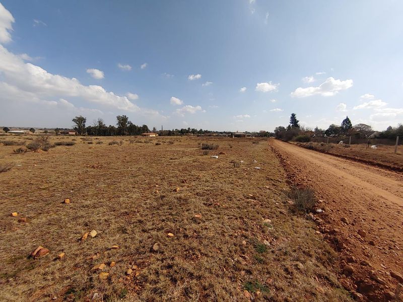 A wide-angle view of a vacant residential plot adjacent to an unpaved dirt road in a rural or semi-rural setting.
