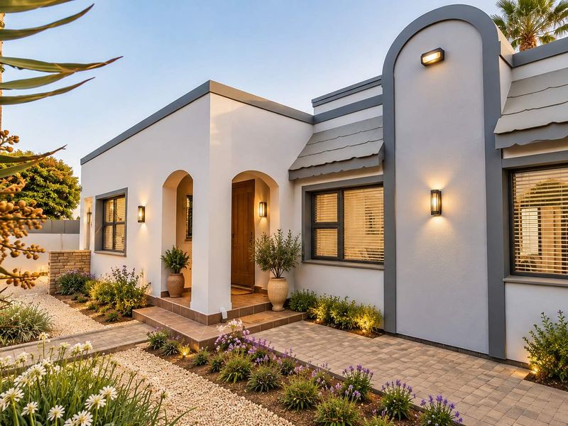 A well-maintained front facade featuring an arched entrance, modern exterior lighting, paved walkway, and neatly landscaped garden beds.