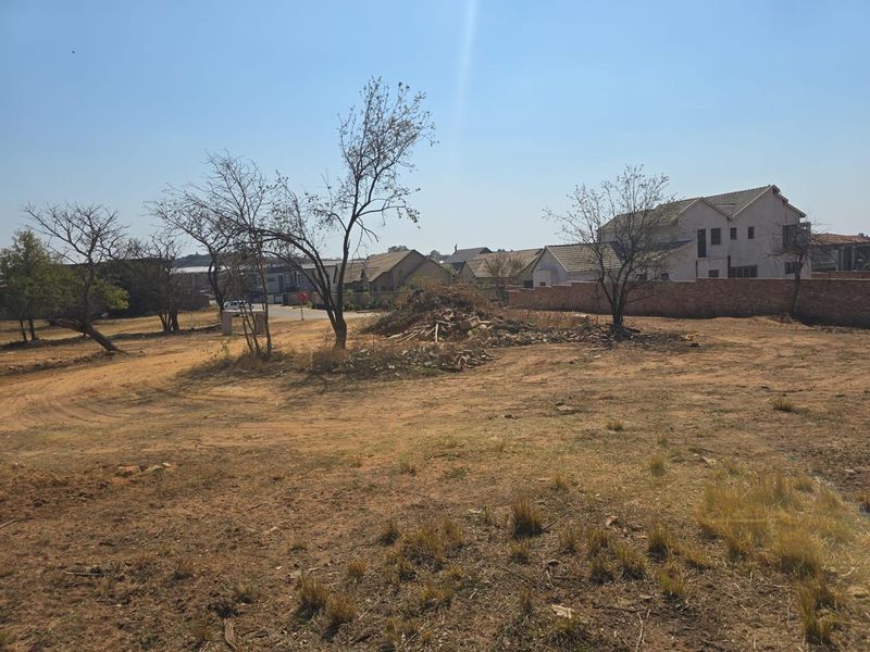 A vacant residential plot featuring natural vegetation, a boundary wall, and surrounding neighborhood housing.