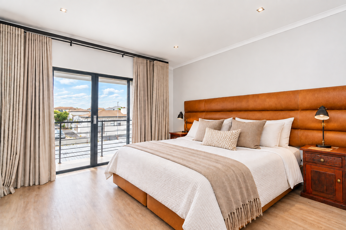 A well-maintained bedroom featuring laminate flooring, recessed lighting, and a large sliding glass door providing access to a private balcony.