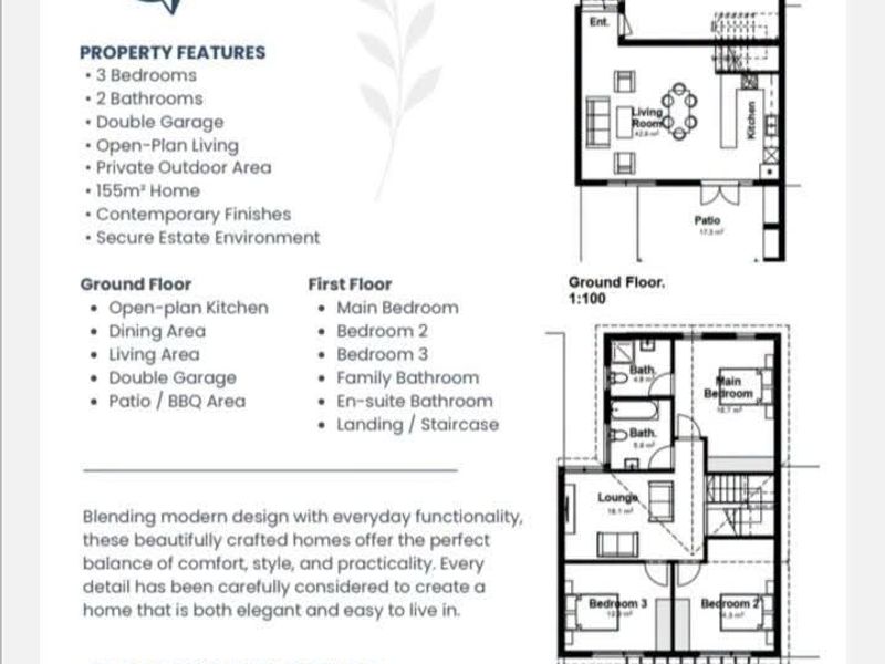 Architectural floor plan for a three-bedroom unit featuring open-plan living, double garage, and private outdoor space.