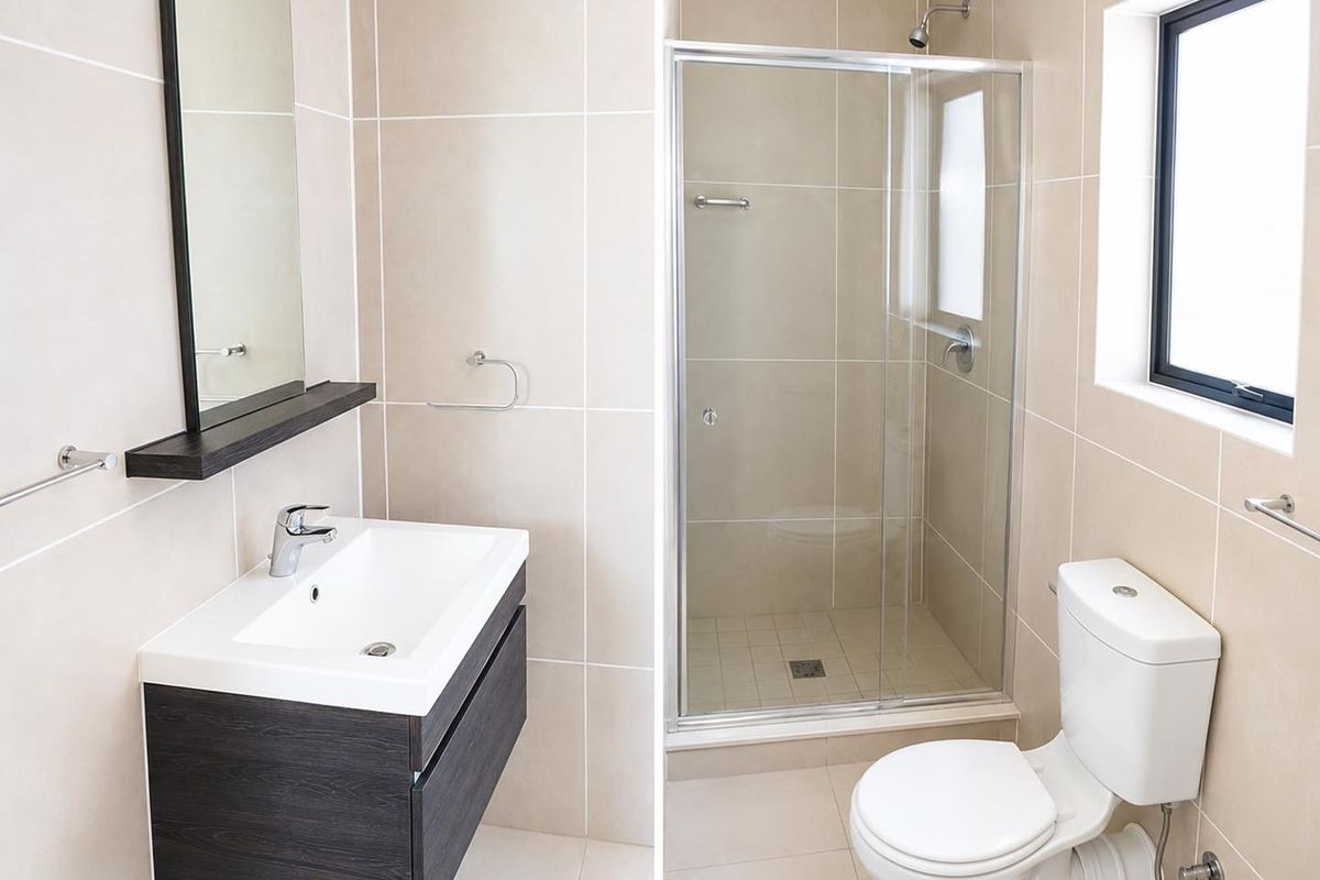 Modern bathroom featuring a floating vanity, glass-enclosed shower, and neutral wall tiling, presenting a clean and functional layout.
