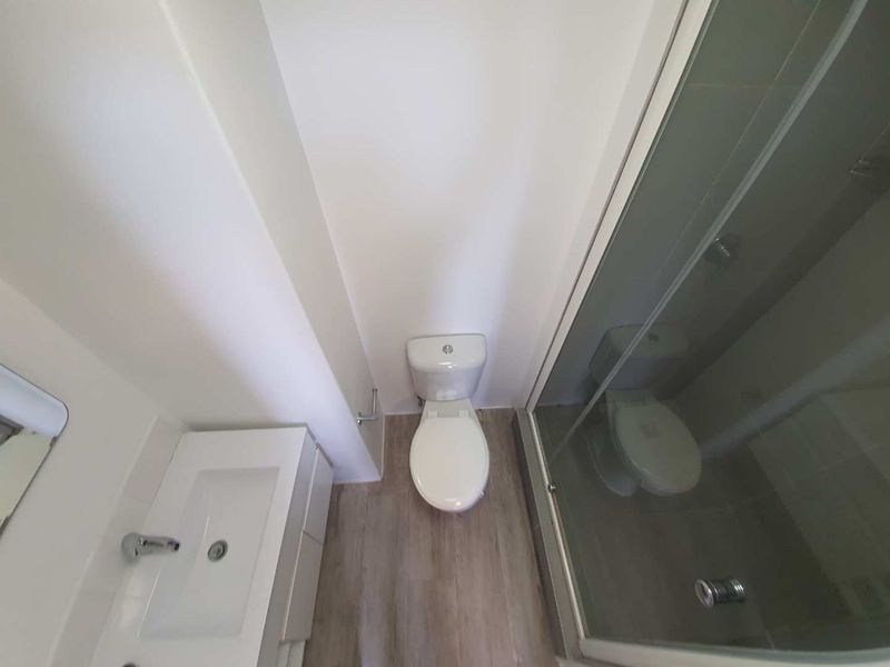 A clean, modern bathroom featuring a white vanity with basin, a standard toilet, and a glass-enclosed shower with wood-look flooring.