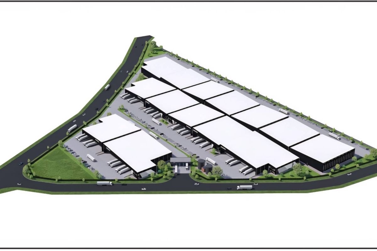 An aerial 3D render showing the layout of an industrial park with multiple warehouse units, loading bays, and access roads.