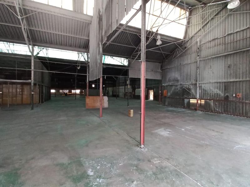 Large industrial warehouse space featuring high ceilings, exposed steel structural columns, concrete flooring, and corrugated metal wall cladding.