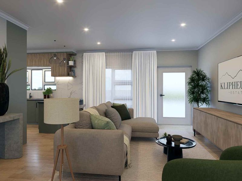 Modern open-plan living area featuring high-quality finishes, recessed lighting, and a seamless transition to a contemporary kitchen space.