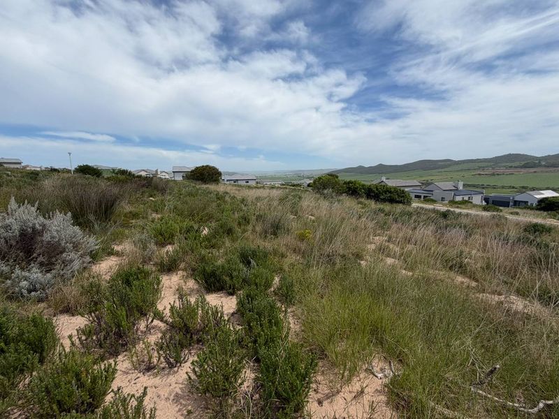 A view of the vacant residential land featuring natural coastal vegetation and sandy terrain with surrounding estate homes in the distance.