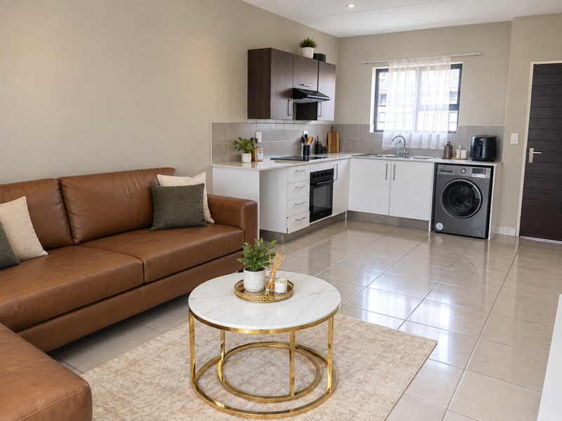 Modern open-plan living area featuring a compact kitchen with built-in cabinetry, integrated appliances, and sleek tiled flooring throughout the space.
