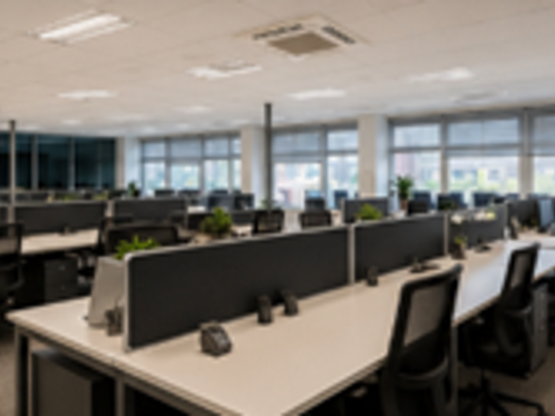 A spacious, well-lit open-plan office area featuring carpeted floors, suspended ceilings with recessed lighting, and large windows with integrated blinds.