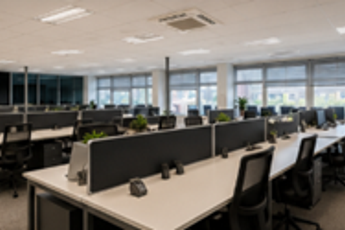 A spacious, well-lit open-plan office area featuring carpeted floors, suspended ceilings with recessed lighting, and large windows with integrated blinds.