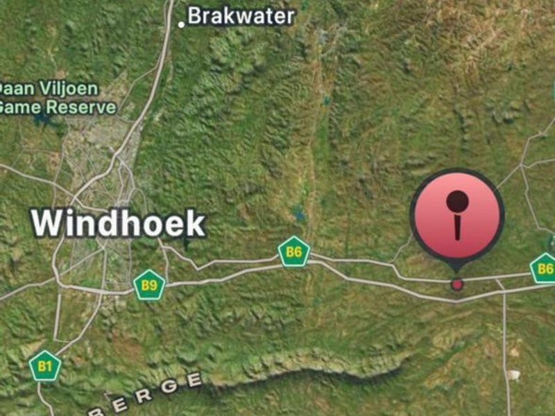 A satellite map view showing the location of the property relative to Windhoek and surrounding regional roads.
