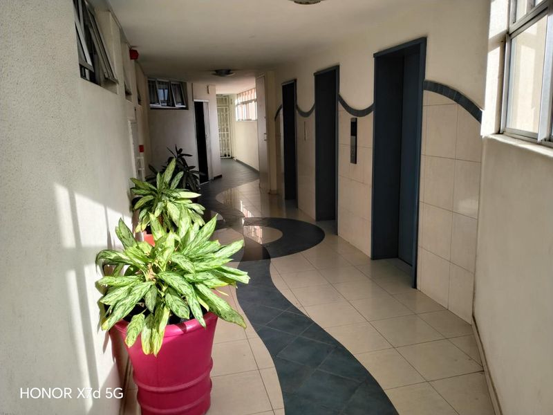 A communal apartment hallway featuring tiled flooring with decorative patterns, elevator access, and natural light from side windows.