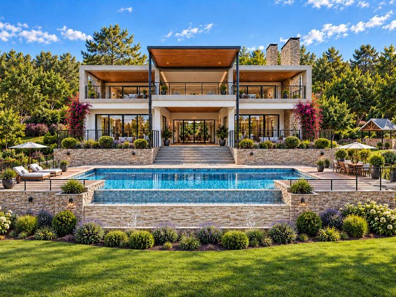 A luxurious rear exterior view featuring a multi-level stone terrace, a sparkling swimming pool, and a modern architectural residence with expansive balconies.