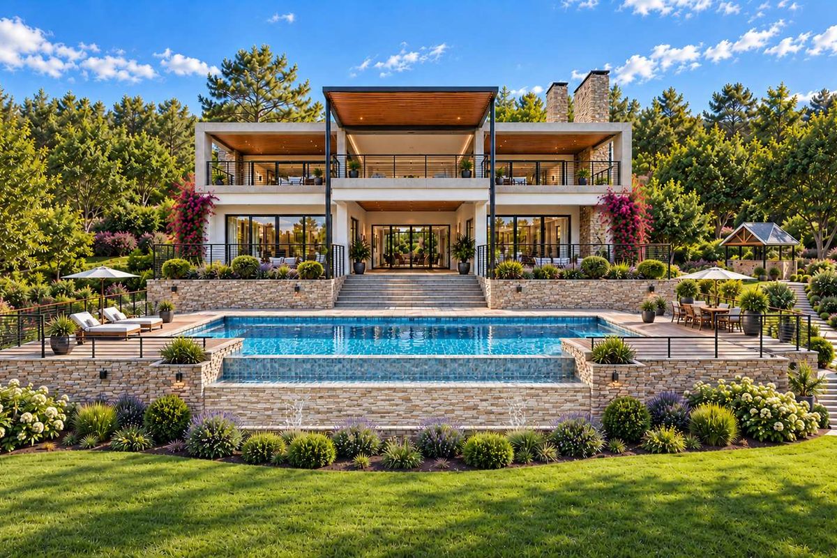 A luxurious rear exterior view featuring a multi-level stone terrace, a sparkling swimming pool, and a modern architectural residence with expansive balconies.