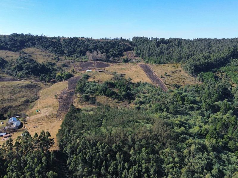 An aerial view of the expansive farm property, showcasing rolling hills, dense forest sections, and open land with existing farmstead buildings.