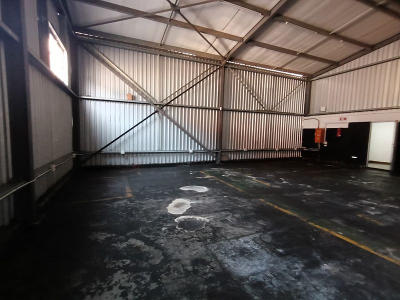 Spacious industrial utility area featuring corrugated metal walls, exposed steel roof trusses, and durable concrete flooring, suitable for storage or workshop use.