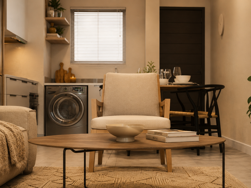 A modern open-plan living area featuring tiled floors, integrated kitchen cabinetry with a built-in washing machine, and neutral contemporary finishes.