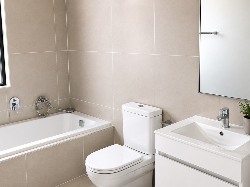 Modern bathroom featuring a built-in bathtub, wall-mounted mixer, white toilet, and a sleek vanity basin with storage cabinet and wall mirror.