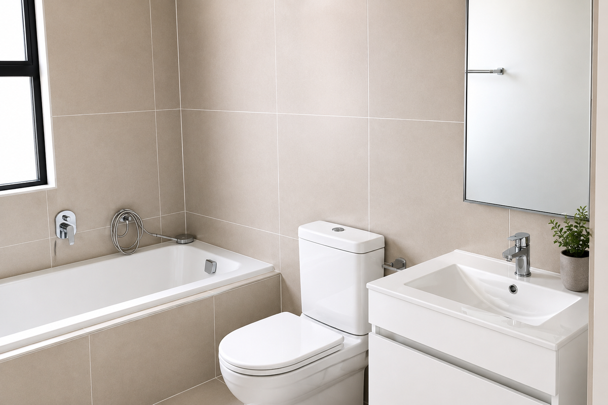 Modern bathroom featuring a built-in bathtub, wall-mounted mixer, white toilet, and a sleek vanity basin with storage cabinet and wall mirror.
