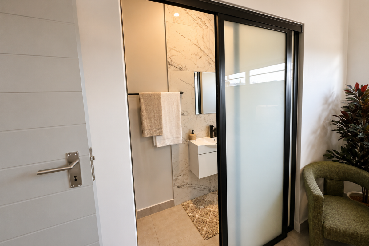 A modern bathroom featuring marble-look wall tiles, a wall-mounted vanity, and a sleek black-framed frosted glass sliding door.