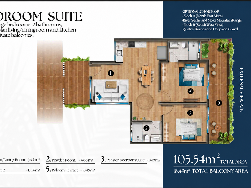 Architectural floor plan for a two-bedroom apartment suite featuring an open-plan living area, two bathrooms, and two spacious private balconies.