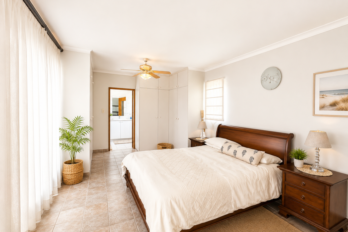 A bright and spacious bedroom featuring built-in wardrobes, tiled flooring, a ceiling fan, and direct access to an en-suite bathroom.