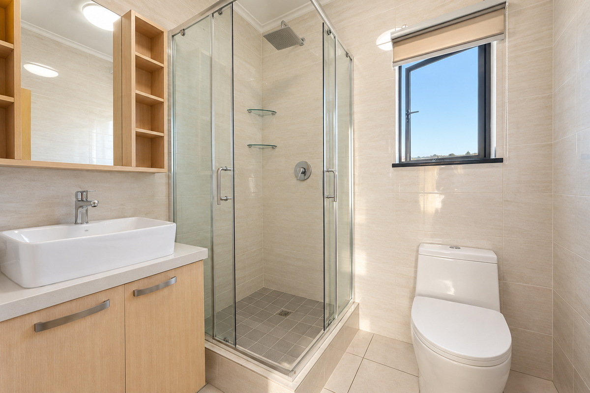 A modern, well-maintained bathroom featuring a vessel sink vanity, a glass-enclosed shower with a rain shower head, and a clean, neutral tiled finish.