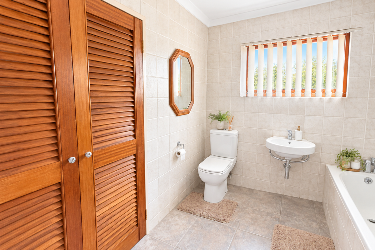 A functional bathroom featuring neutral ceramic tiling, a wall-mounted basin, a close-coupled toilet, a built-in bathtub, and timber louvered storage doors.