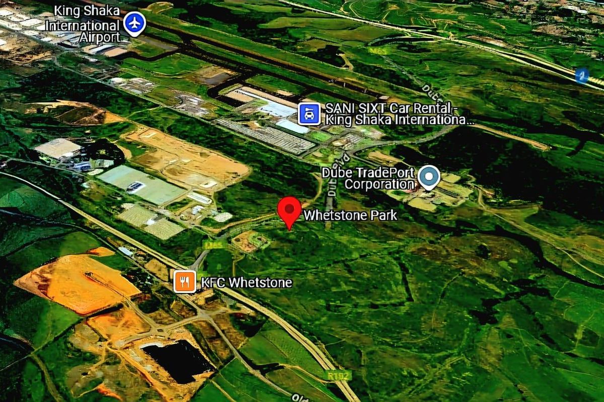 Aerial view of the Whetstone Park area, showcasing the surrounding commercial landscape and proximity to King Shaka International Airport and Dube TradePort.