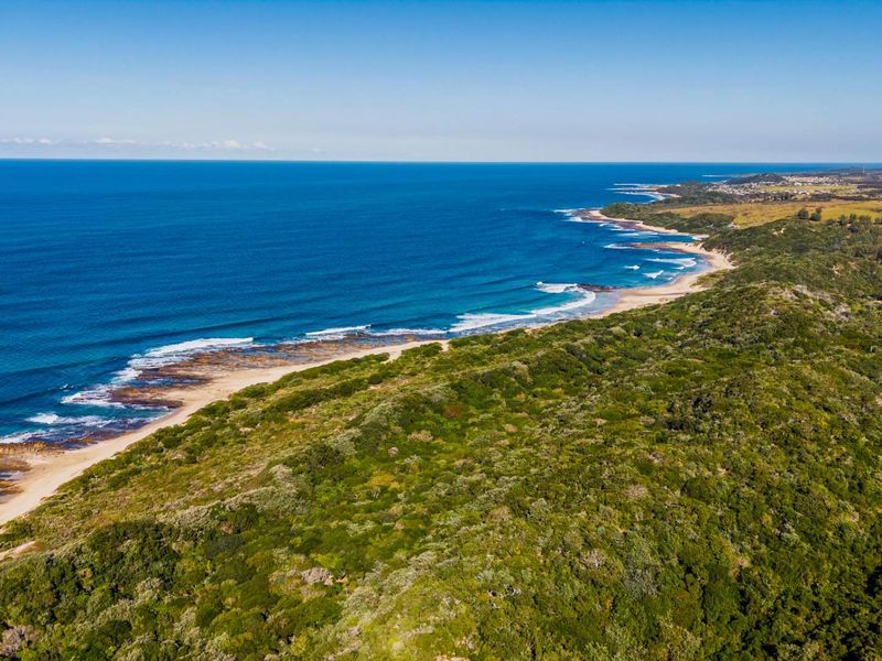 An aerial view of the coastal landscape, showcasing the natural shoreline, ocean, and surrounding vegetation of the vacant land property.