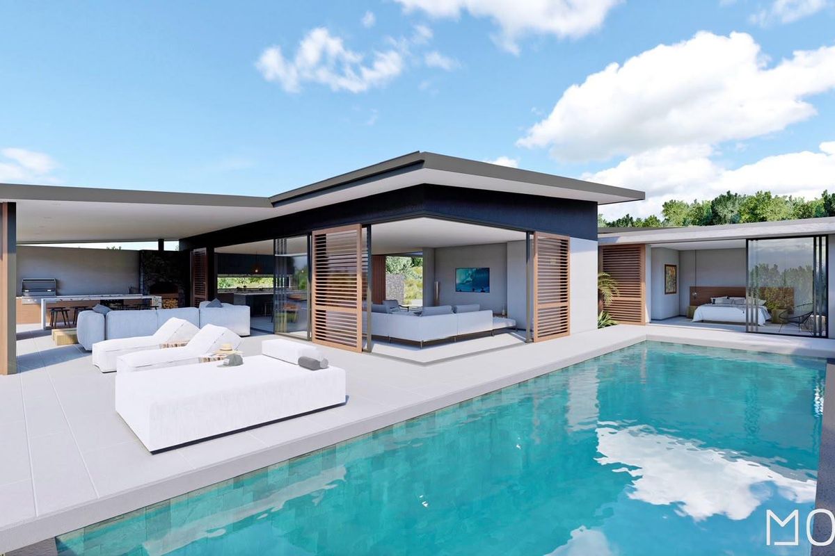 Modern architectural rendering of a luxury rear exterior featuring a swimming pool, expansive covered patio, and seamless indoor-outdoor living spaces.