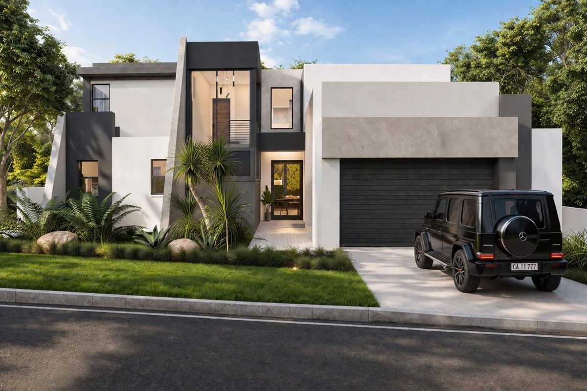 Modern contemporary double-story home featuring a sleek facade, integrated double garage, and manicured front garden with paved driveway access.