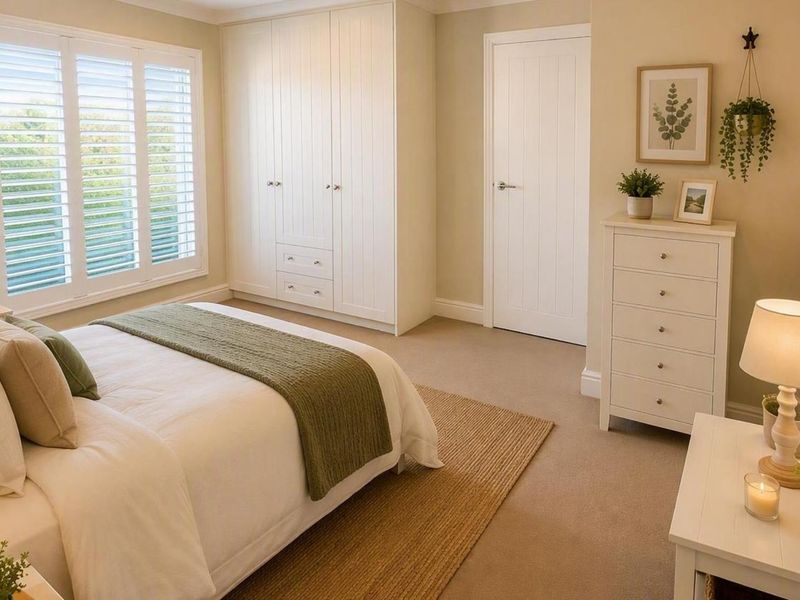 A well-maintained bedroom featuring built-in wardrobes, plantation shutters, and neutral carpeting, offering a bright and comfortable living space.