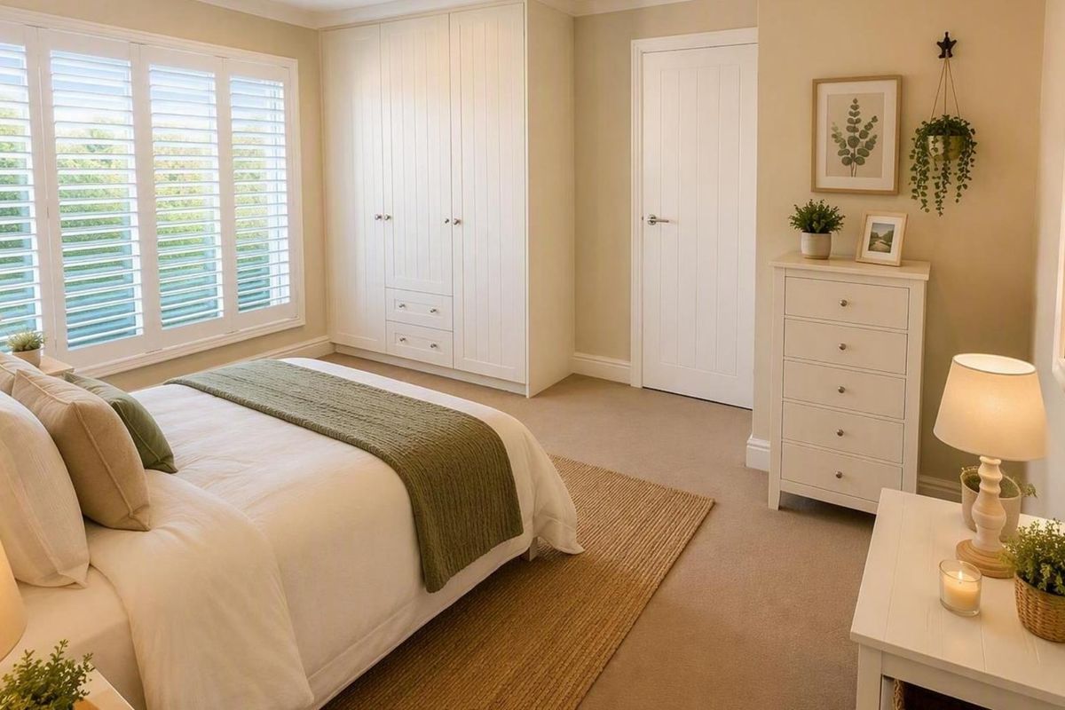 A well-maintained bedroom featuring built-in wardrobes, plantation shutters, and neutral carpeting, offering a bright and comfortable living space.