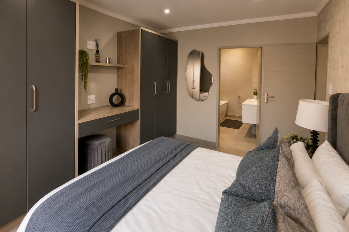 Modern bedroom featuring built-in dark grey cabinetry with integrated vanity desk and an en-suite bathroom with contemporary fixtures.