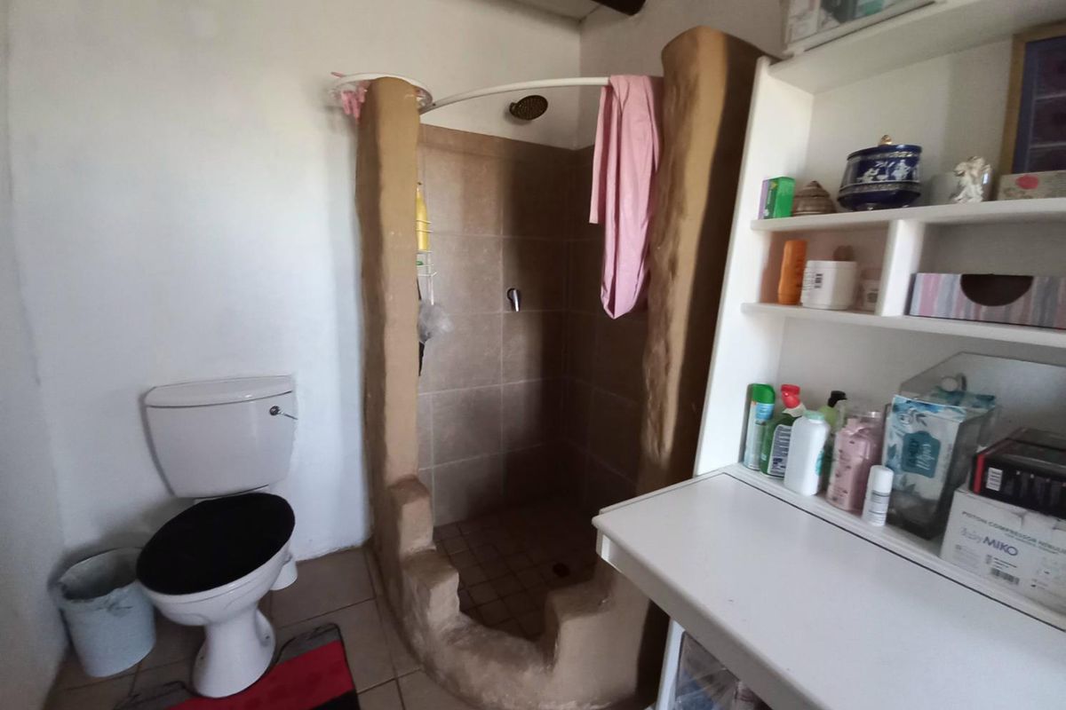 A rustic bathroom featuring a custom-built mud-style shower enclosure, a standard toilet, and built-in shelving units.