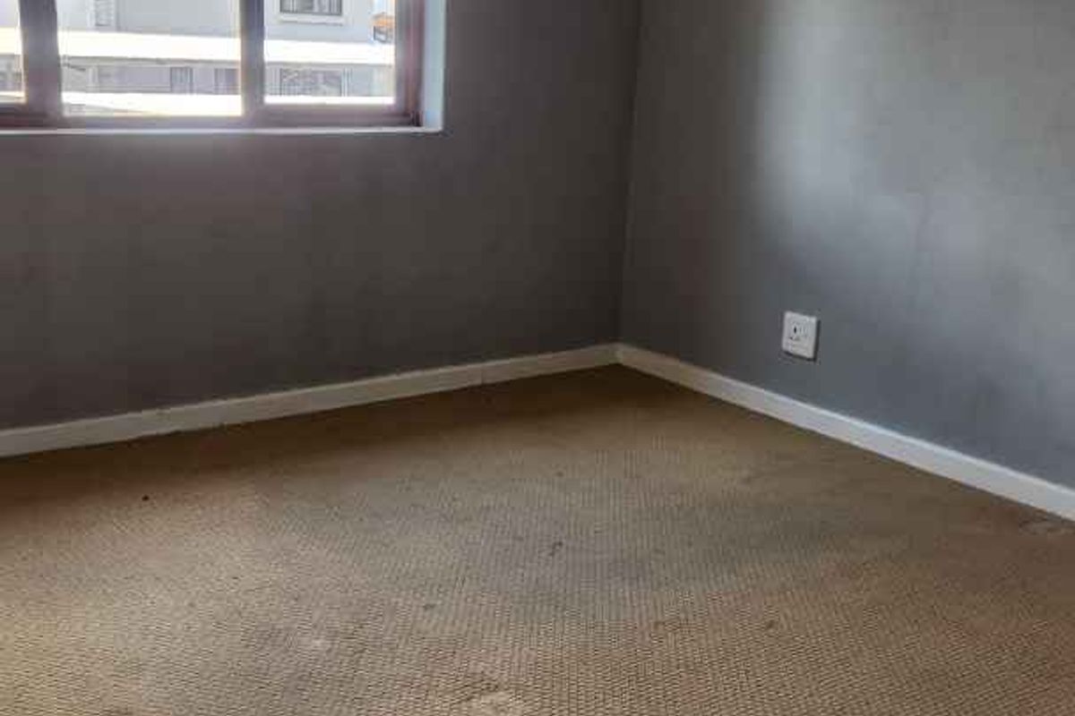 A vacant bedroom featuring grey painted walls, a large window with a curtain rod, and worn wall-to-wall carpeting.