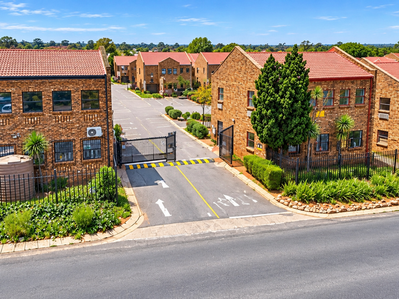 Aerial view of a business complex entrance featuring face brick buildings, secure gated access, paved driveway, and landscaped garden areas.