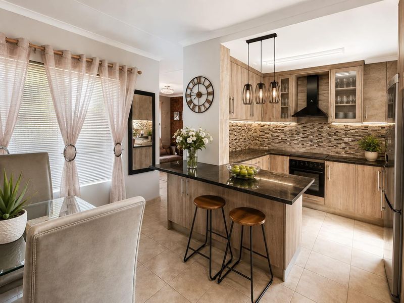 Modern open-plan kitchen featuring wood-finish cabinetry, granite countertops, integrated appliances, and a breakfast bar, seamlessly flowing into the dining area.
