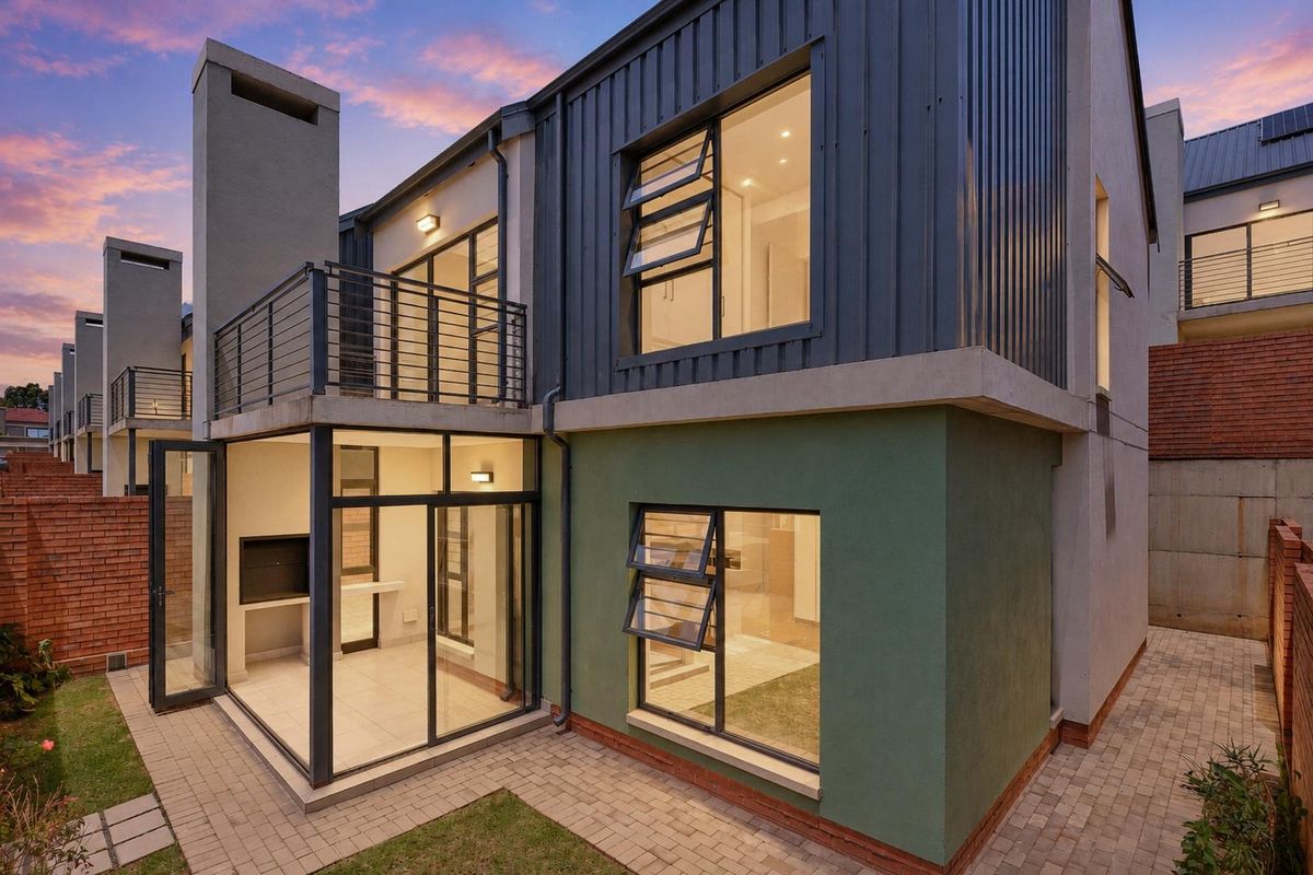 Modern double-storey cluster home featuring a paved rear patio, built-in braai, balcony, and contemporary metal and plaster facade finishes.