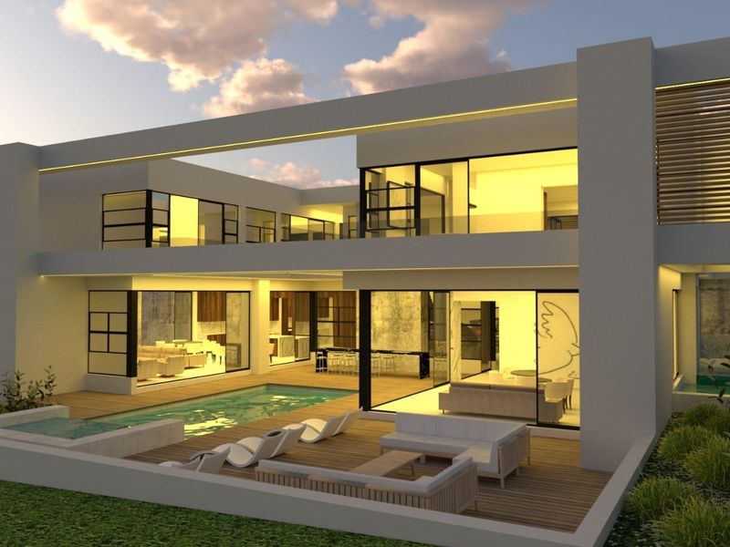 A modern architectural rear elevation featuring a swimming pool, timber decking, and expansive glass sliding doors connecting indoor and outdoor living spaces.