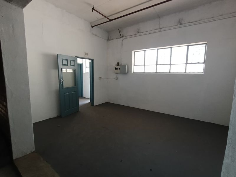 An empty industrial utility space featuring exposed fire sprinkler piping, a steel-framed window, and a painted concrete floor.