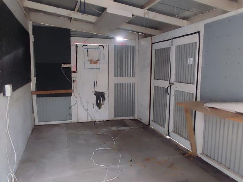 A basic utility or storage space featuring corrugated metal wall cladding, exposed timber rafters, and built-in shelving, requiring maintenance and cosmetic updates.