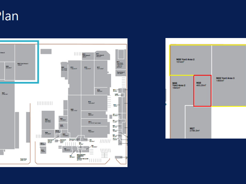 A detailed site plan illustrating the layout of the industrial property, including various yard areas and building footprints.