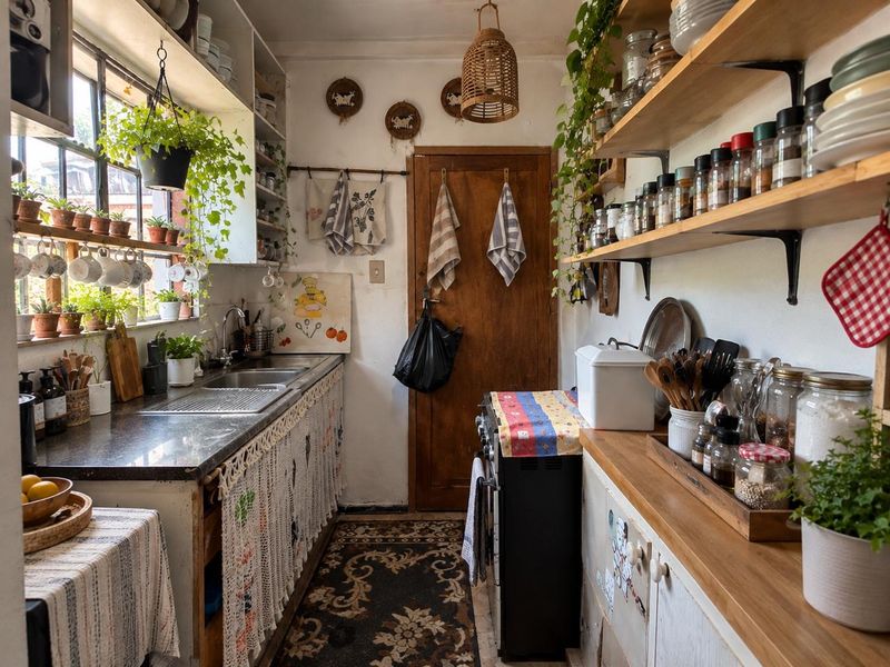 A cozy, rustic-style kitchen featuring open wooden shelving, a stainless steel sink, and a classic wooden door, offering a warm and functional prep space.