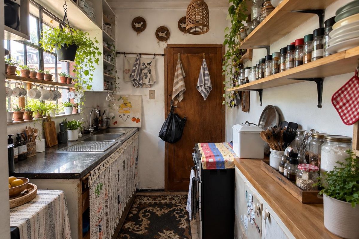A cozy, rustic-style kitchen featuring open wooden shelving, a stainless steel sink, and a classic wooden door, offering a warm and functional prep space.
