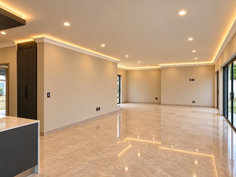 Spacious open-plan living area featuring polished marble flooring, modern recessed cove lighting, and large sliding glass doors providing seamless access to the outdoors.