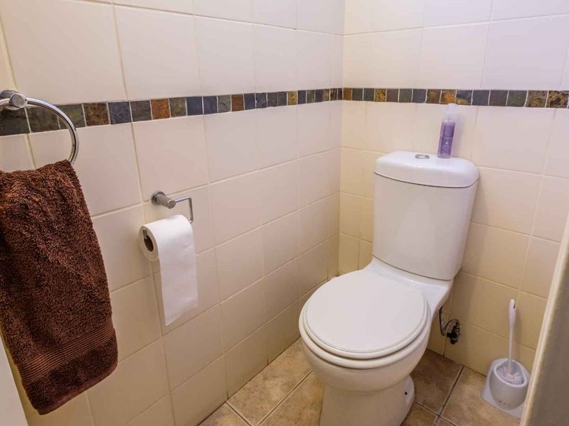 A functional bathroom featuring a standard toilet, tiled walls with a decorative border, and tiled flooring.