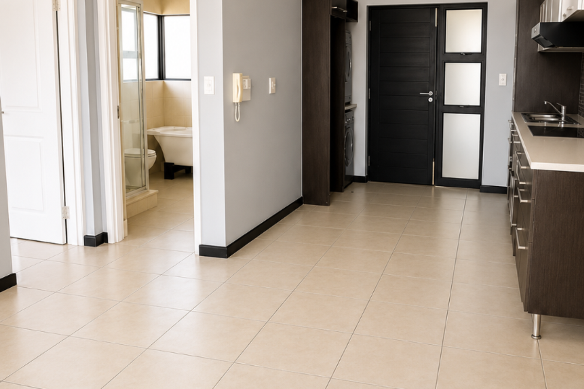 An open-plan living and kitchen area featuring neutral tiled flooring, modern dark cabinetry, and direct access to an adjacent bathroom.