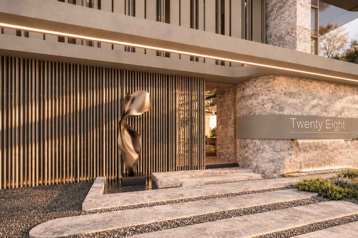 Modern architectural front entrance featuring stone cladding, timber slat detailing, integrated water feature, and sophisticated LED lighting design.